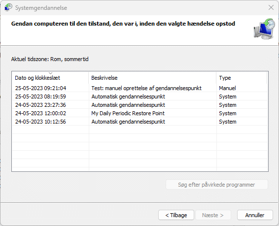 Oversigt automatiske gendannelsespunkter