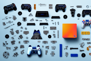 A disassembled playstation console with its various parts neatly arranged around it