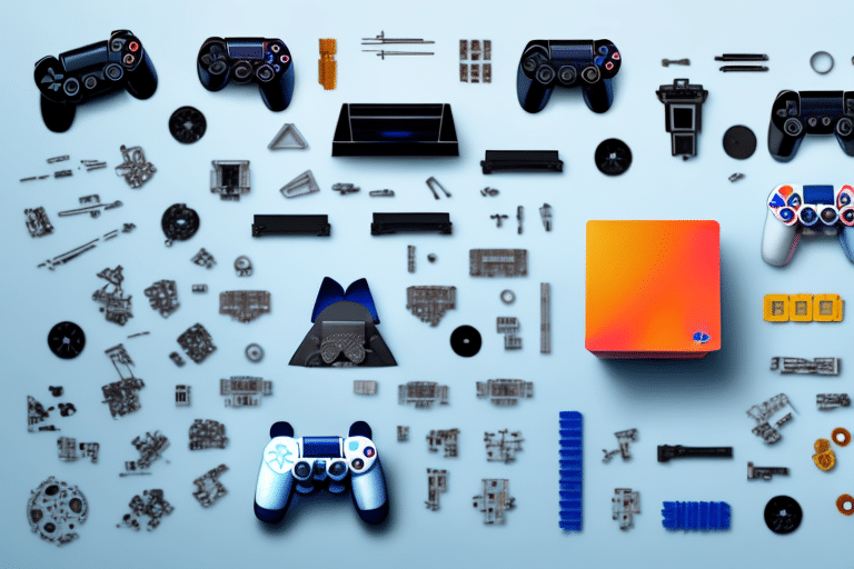 A disassembled playstation console with its various parts neatly arranged around it
